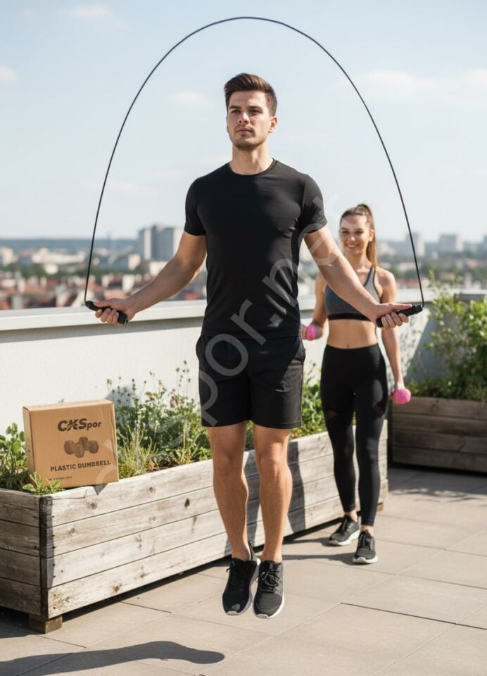 2’li Başlangıç Fitness Seti – 1KG x2 Dambıl (Toplam 2 KG) + Atlama İpi – Evde Spor ve Kardiyo Seti