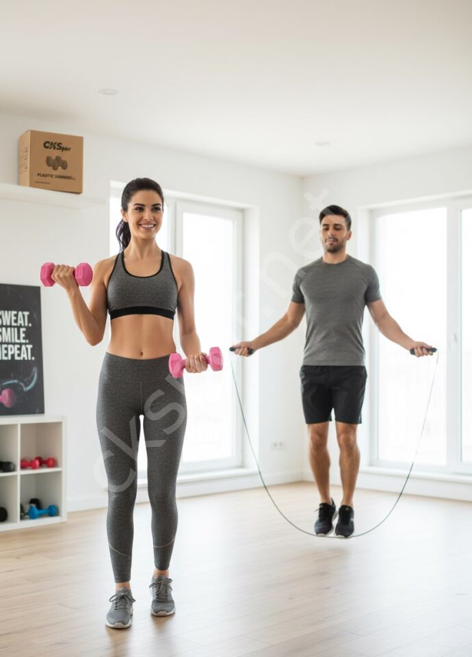 2’li Başlangıç Fitness Seti – 1KG x2 Dambıl (Toplam 2 KG) + Atlama İpi – Evde Spor ve Kardiyo Seti