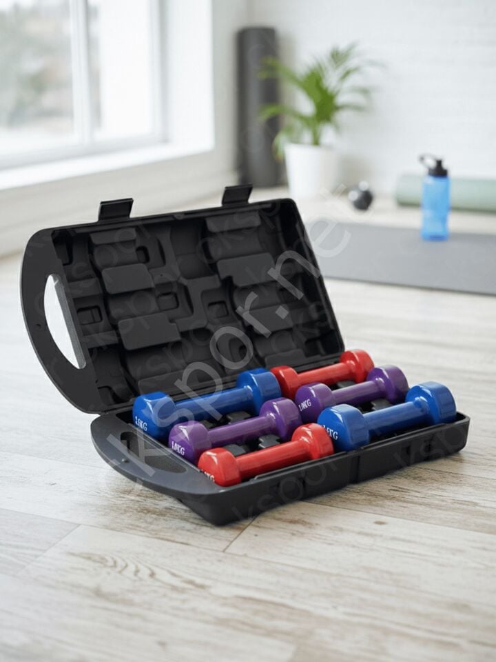 10 KG Renkli ve Çantalı Vinil Dambıl Seti – Demir Dolgulu, Vinly Kaplamalı Konforlu Fitness  Set