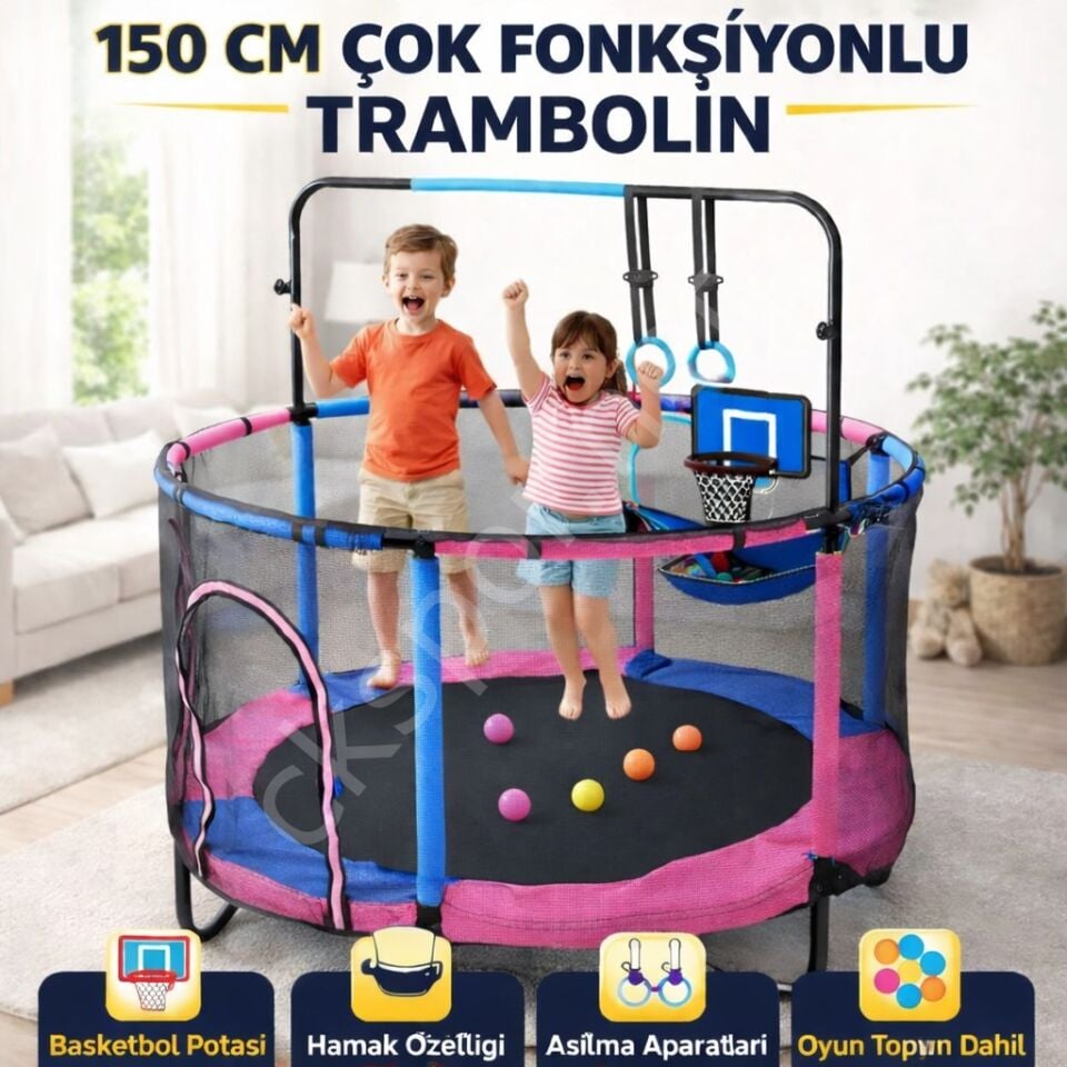 150 Cm Çocuk Trambolini Fileli Büyük Boy Çok Fonksiyonlu Basket Potası ve Hamaklı
