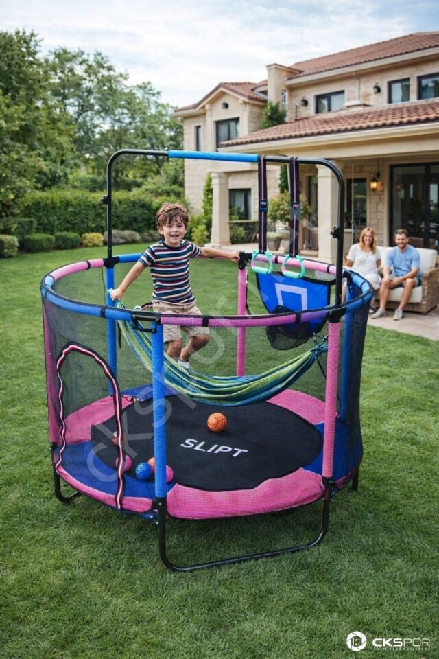 150 Cm Çocuk Trambolini Fileli Büyük Boy Çok Fonksiyonlu Basket Potası ve Hamaklı