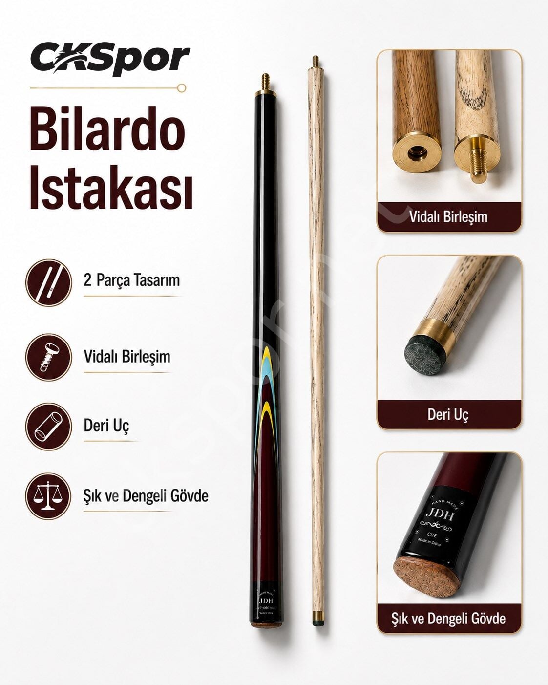 CKSPOR Bilardo Istakası 2 Parça Vidalı Birleşim Deri Uçlu Şık Dengeli Ahşap Bilardo Sopası