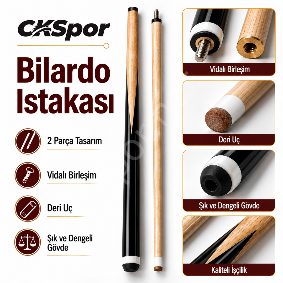 CKSPOR Bilardo Istakası 2 Parça Vidalı Birleşim Deri Uçlu Şık Dengeli Ahşap Bilardo Sopası