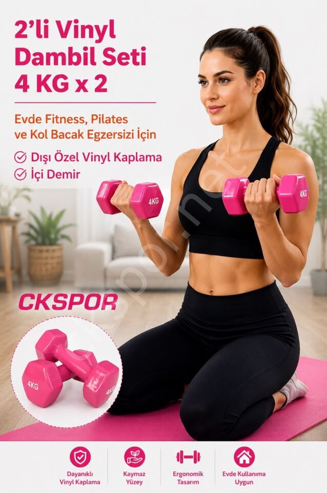 2’li Vinyl Dambıl Seti 4 Kg x 2 – Evde Fitness & Pilates İçin Vinil Kaplı Demir Dambıl