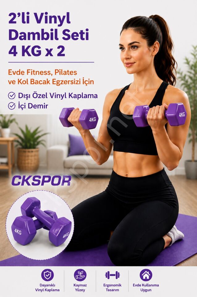2’li Vinyl Dambıl Seti 4 Kg x 2 – Evde Fitness & Pilates İçin Vinil Kaplı Demir Dambıl