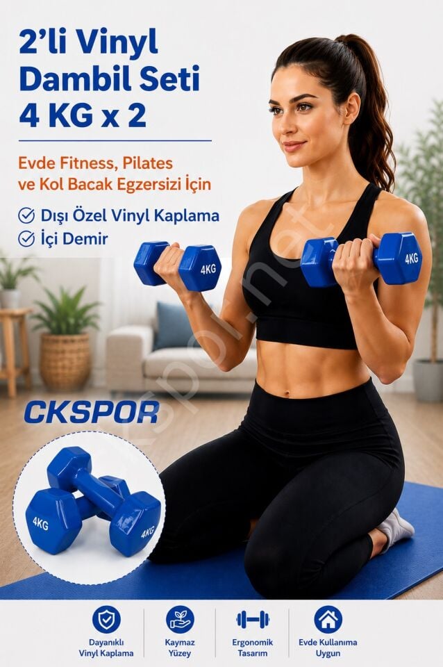 2’li Vinyl Dambıl Seti 4 Kg x 2 – Evde Fitness & Pilates İçin Vinil Kaplı Demir Dambıl