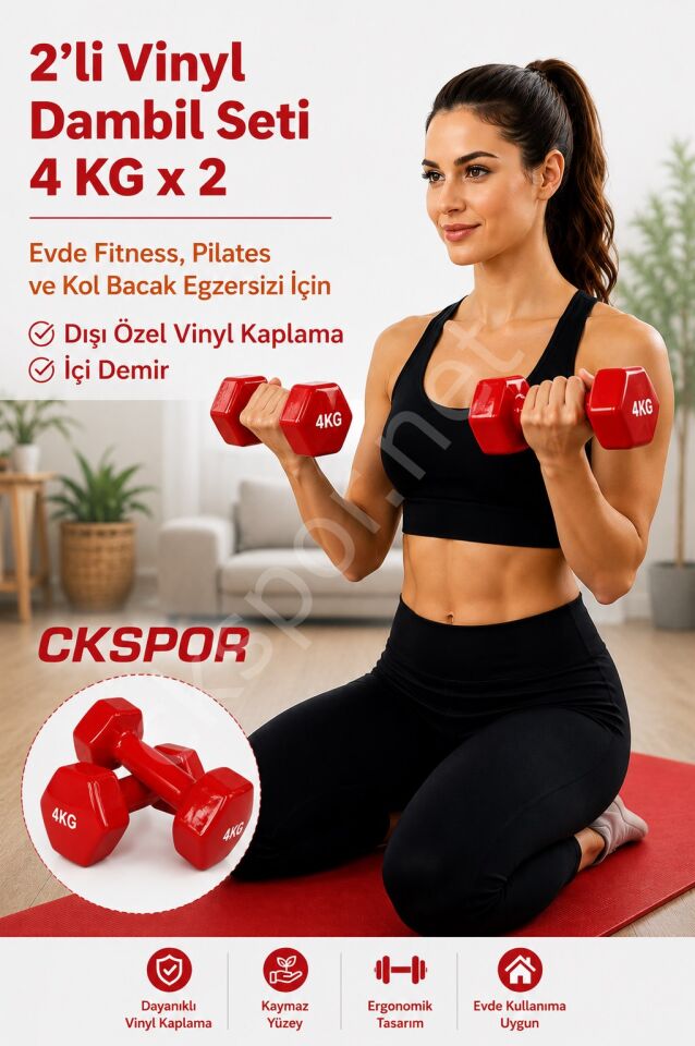 2’li Vinyl Dambıl Seti 4 Kg x 2 – Evde Fitness & Pilates İçin Vinil Kaplı Demir Dambıl