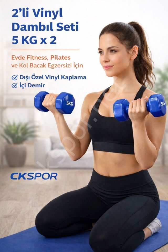 2’li Vinyl Dambıl Seti 5 Kg x 2 – Evde Fitness & Pilates İçin Vinil Kaplı Demir Dambıl