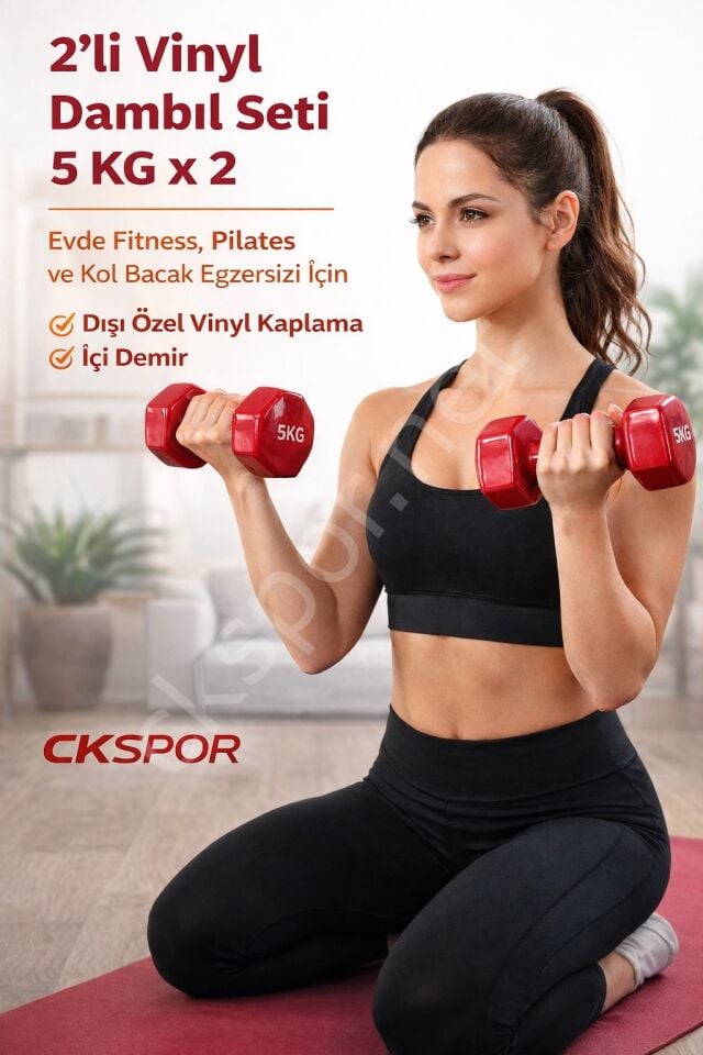 2’li Vinyl Dambıl Seti 5 Kg x 2 – Evde Fitness & Pilates İçin Vinil Kaplı Demir Dambıl