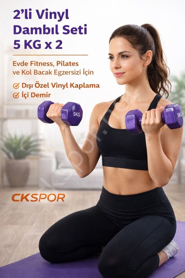 2’li Vinyl Dambıl Seti 5 Kg x 2 – Evde Fitness & Pilates İçin Vinil Kaplı Demir Dambıl