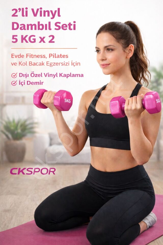 2’li Vinyl Dambıl Seti 5 Kg x 2 – Evde Fitness & Pilates İçin Vinil Kaplı Demir Dambıl