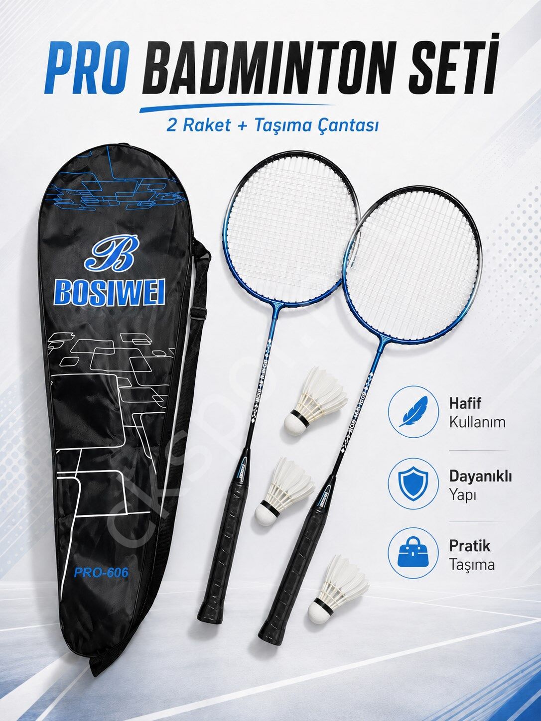 Pro-606 Badminton Seti 2 Raket 3 Top Taşıma Çantalı Badminton Raketi Ve Top Seti
