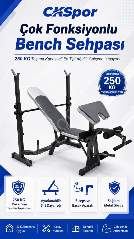 Çok Fonksiyonlu Bench Press Sehpası Biceps ve Bacak Aparatlı Ağırlık Çalışma İstasyonu