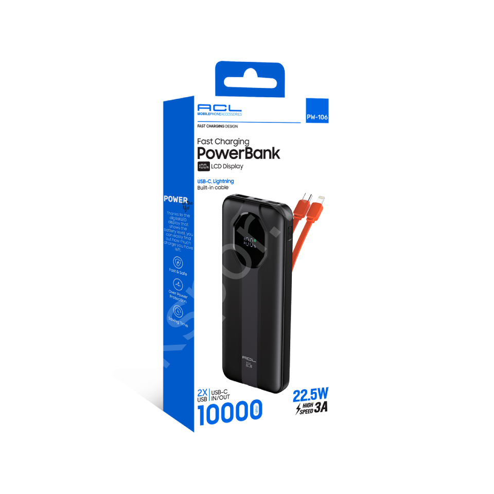 ACL PW-106 10000 mAh 22.5W Super Fast Charging Powerbank – Dahili Çift Kablolu ve LCD Göstergeli
