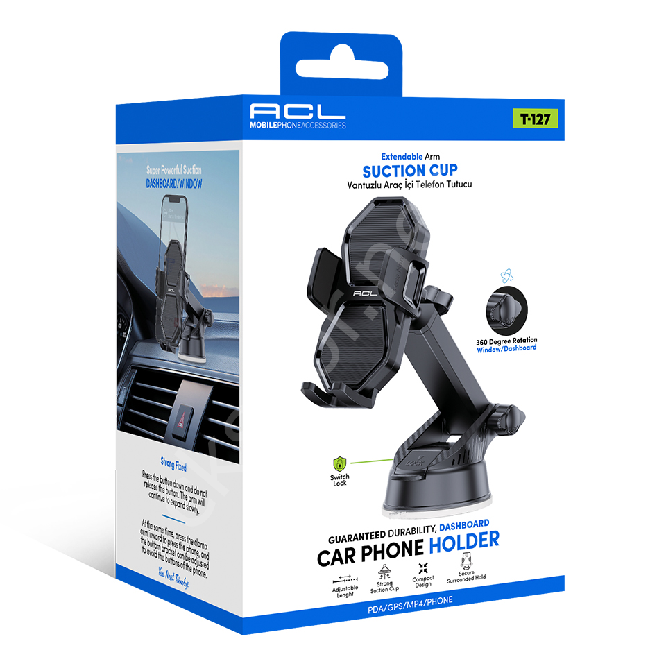 ACL T-127 Uzayabilen Kollu ve Süper Güçlü Vantuzlu Araç İçi Konsol ve Cam Telefon Tutucu