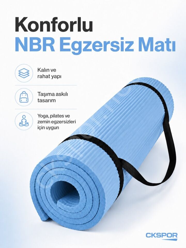 CKSpor 15 mm NBR Kaymaz Pilates Matı Taşıma Askılı Kalın Yoga ve Egzersiz Minderi