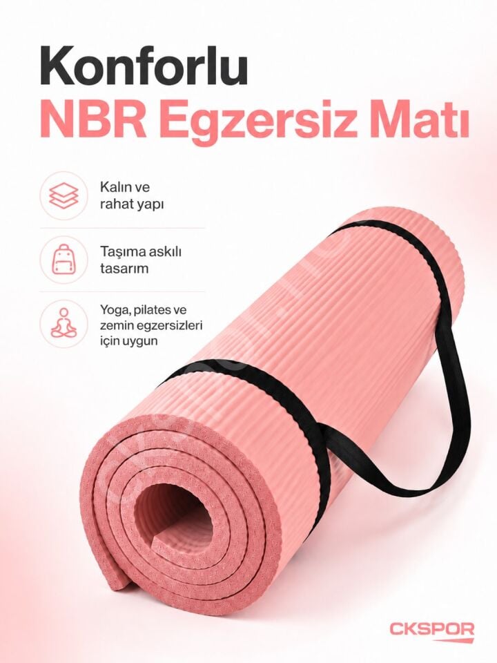 CKSpor 15 mm NBR Kaymaz Pilates Matı Taşıma Askılı Kalın Yoga ve Egzersiz Minderi