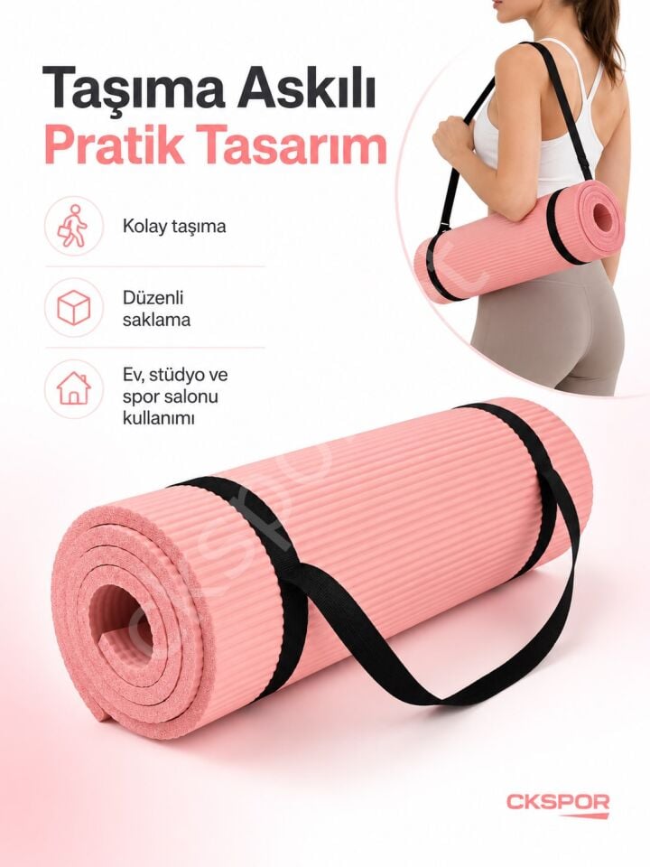 CKSpor 15 mm NBR Kaymaz Pilates Matı Taşıma Askılı Kalın Yoga ve Egzersiz Minderi