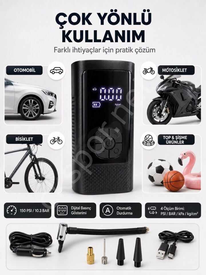 CKSPOR Şarjlı Araç Hava Pompası 150 PSI Dijital Otomatik Durdurmalı Taşınabilir Kompresör