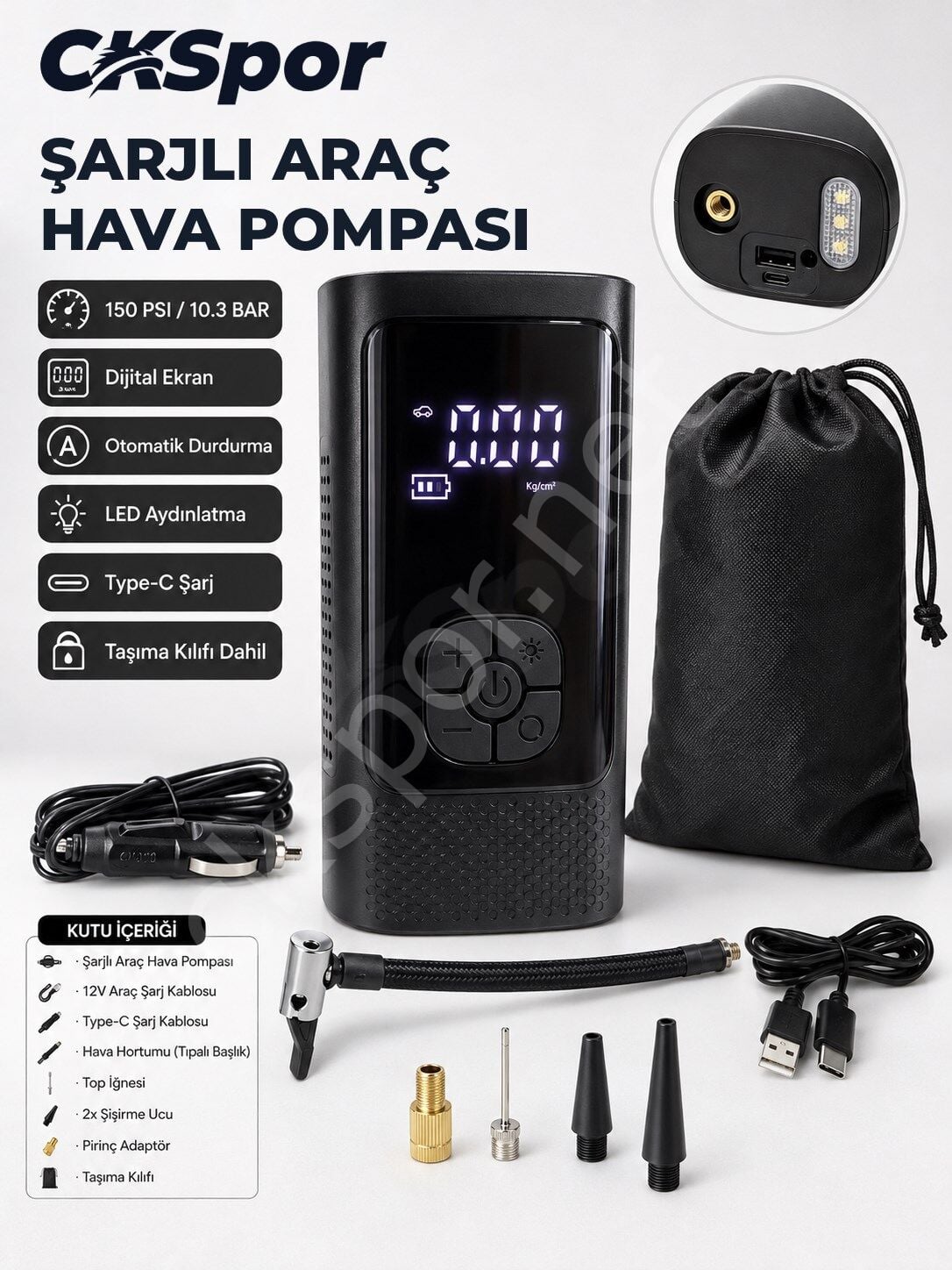 CKSPOR Şarjlı Araç Hava Pompası 150 PSI Dijital Otomatik Durdurmalı Taşınabilir Kompresör