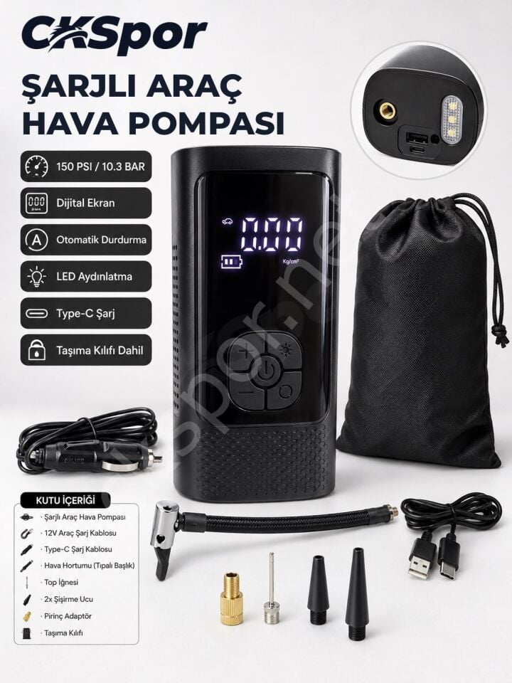 CKSPOR Şarjlı Araç Hava Pompası 150 PSI Dijital Otomatik Durdurmalı Taşınabilir Kompresör
