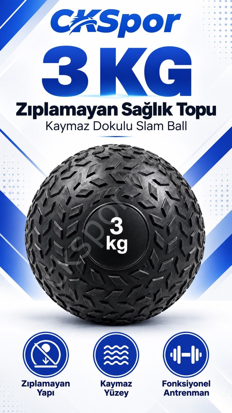 CKSpor 3 Kg Zıplamayan Sağlık Topu Slam Ball Crossfit Fitness Fonksiyonel Antrenman Ağırlık Topu