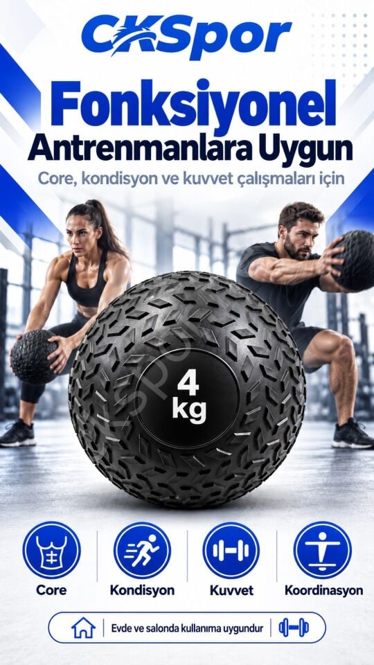 CKSpor 4 Kg Zıplamayan Sağlık Topu Slam Ball Crossfit Fitness Fonksiyonel Antrenman Ağırlık Topu