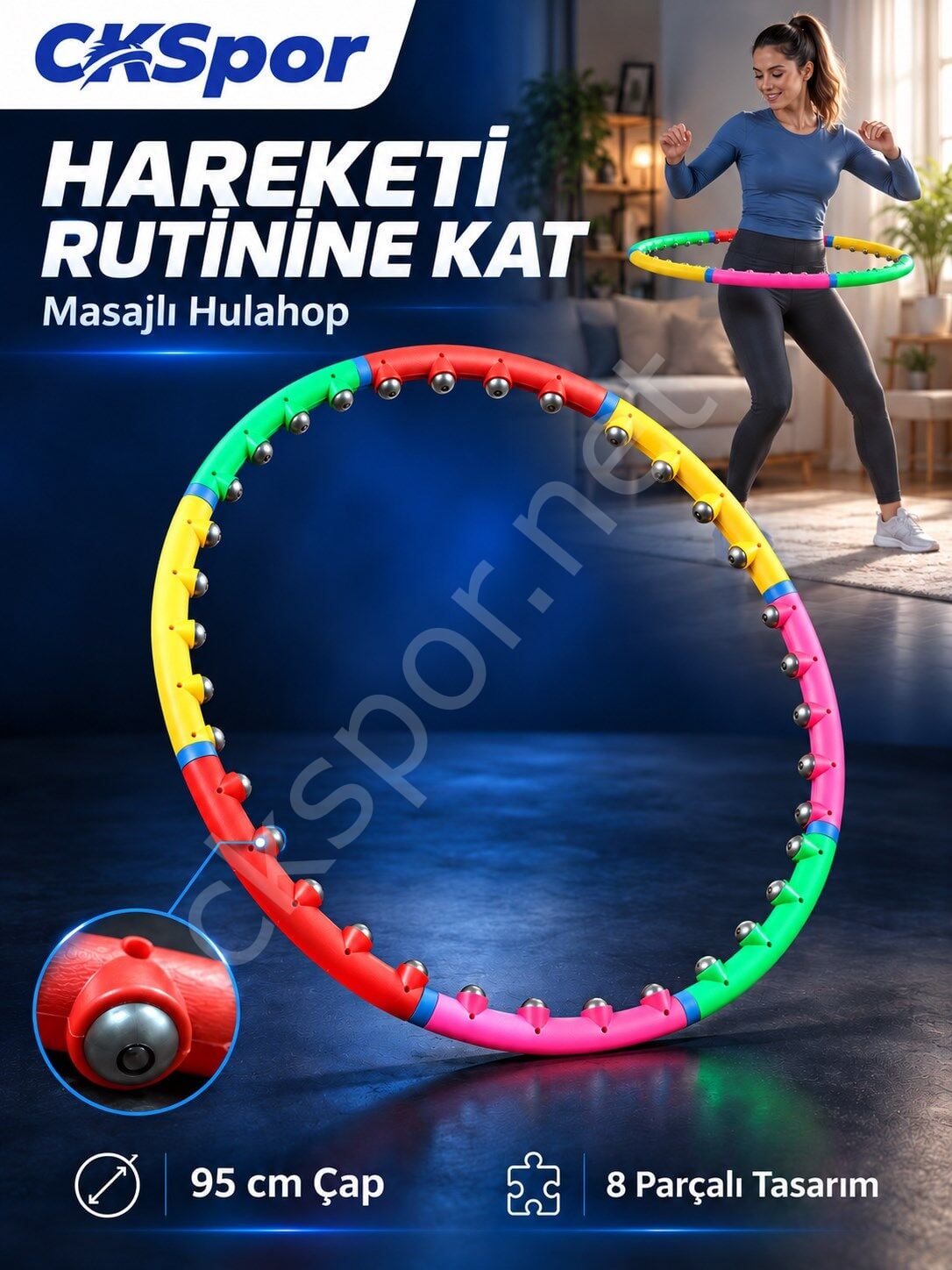 CKSPOR Masajlı Hulahop 95 cm 8 Parçalı 1100 gr Ağırlıklı Egzersiz Çemberi