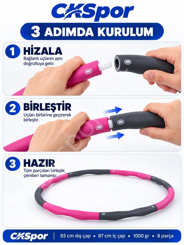 CKSPOR Hulahop 93 cm 1000 gr 8 Parçalı Dalgalı İç Yüzeyli Egzersiz Çemberi Pembe-Gri