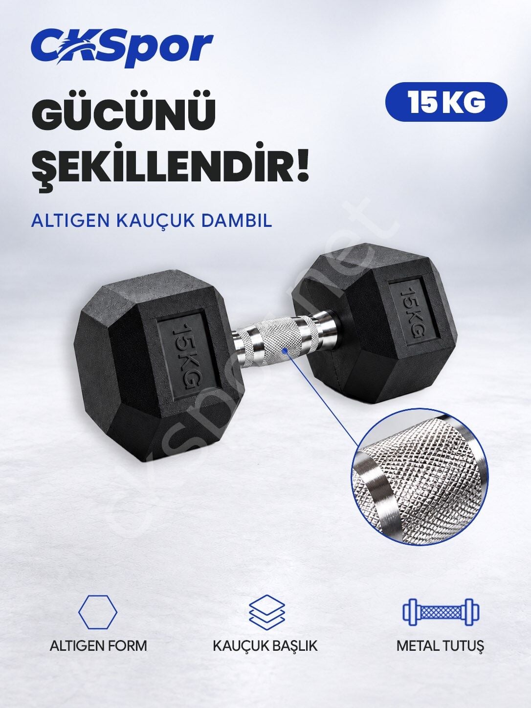 CKSPOR 15 Kg Altıgen Kauçuk Dambıl Hex Dumbbell Fitness Kuvvet Antrenmanı Ağırlığı