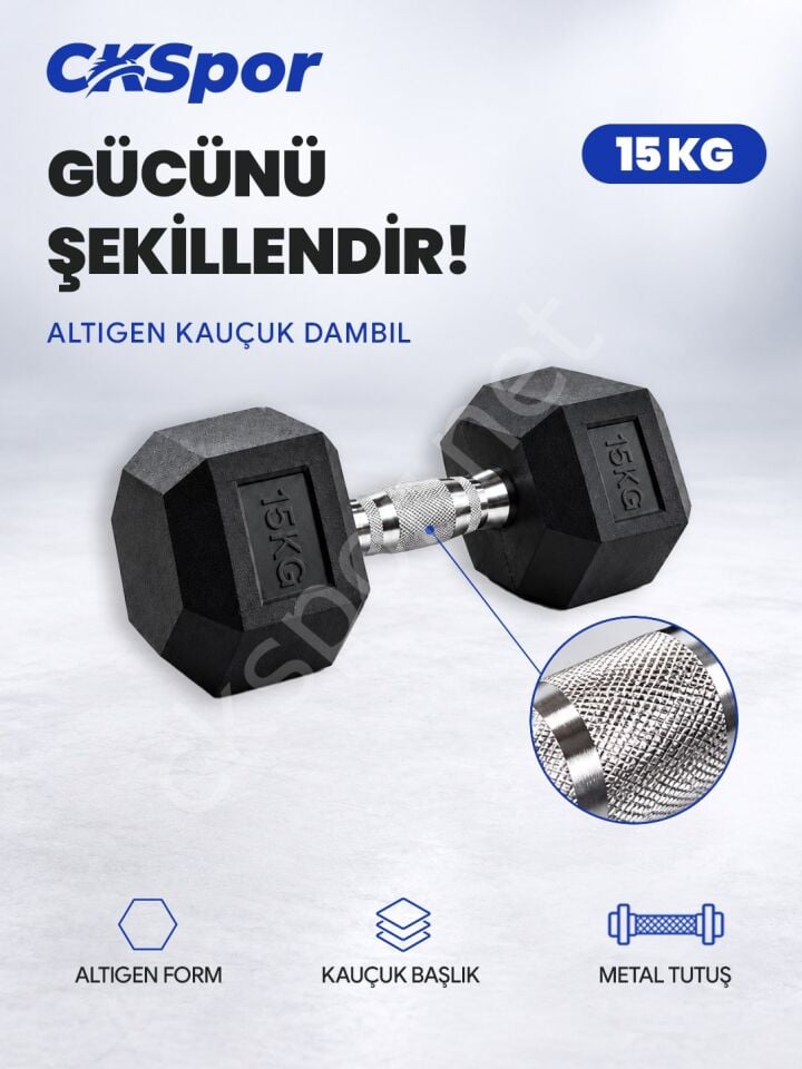 CKSPOR 15 Kg Altıgen Kauçuk Dambıl Hex Dumbbell Fitness Kuvvet Antrenmanı Ağırlığı