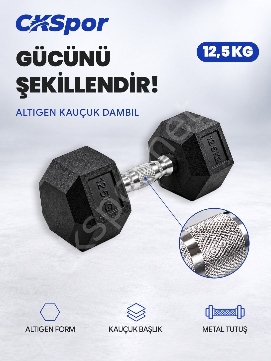 CKSPOR 12,5 Kg Altıgen Kauçuk Dambıl Hex Dumbbell Fitness Kuvvet Antrenmanı Ağırlığı
