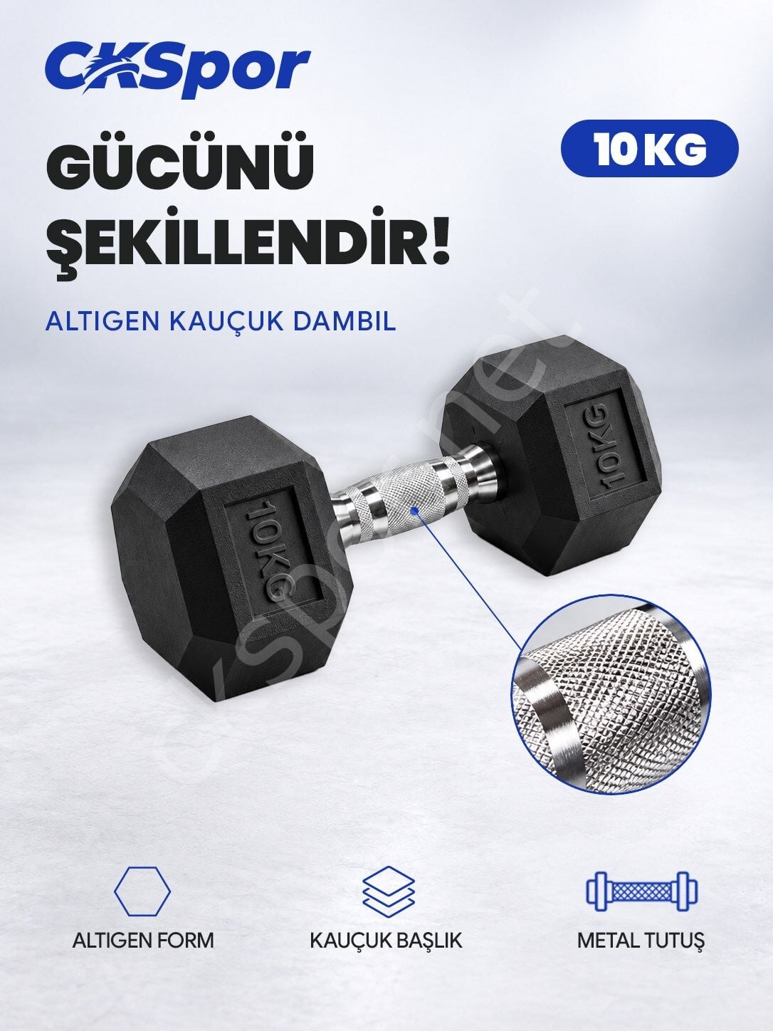 CKSPOR 10 Kg Altıgen Kauçuk Dambıl Hex Dumbbell Fitness Kuvvet Antrenmanı Ağırlığı