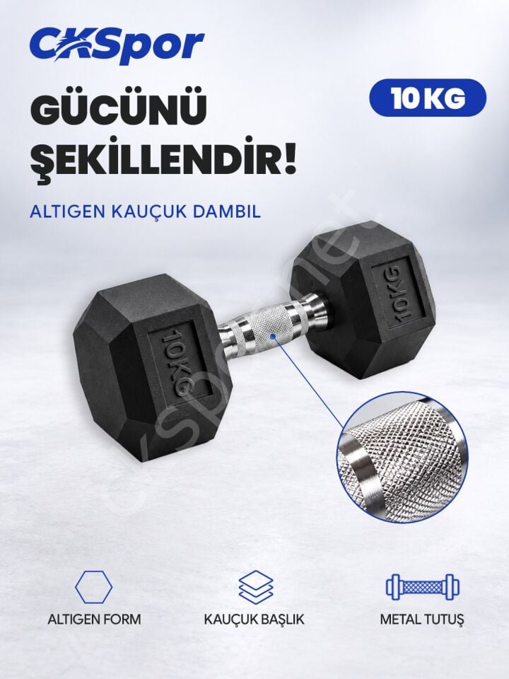 CKSPOR 10 Kg Altıgen Kauçuk Dambıl Hex Dumbbell Fitness Kuvvet Antrenmanı Ağırlığı