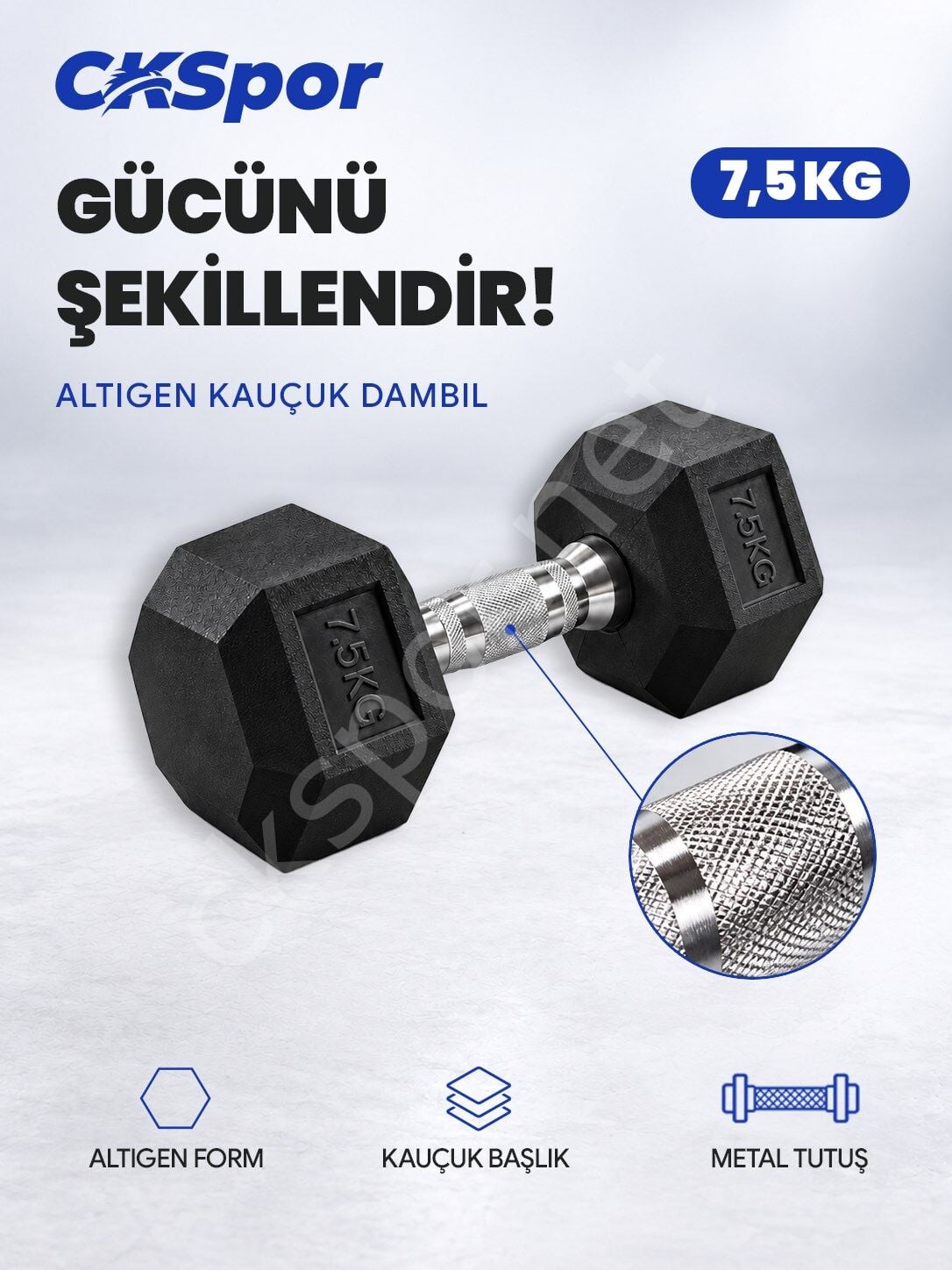 CKSPOR 7,5 Kg Altıgen Kauçuk Dambıl Hex Dumbbell Fitness Kuvvet Antrenmanı Ağırlığı