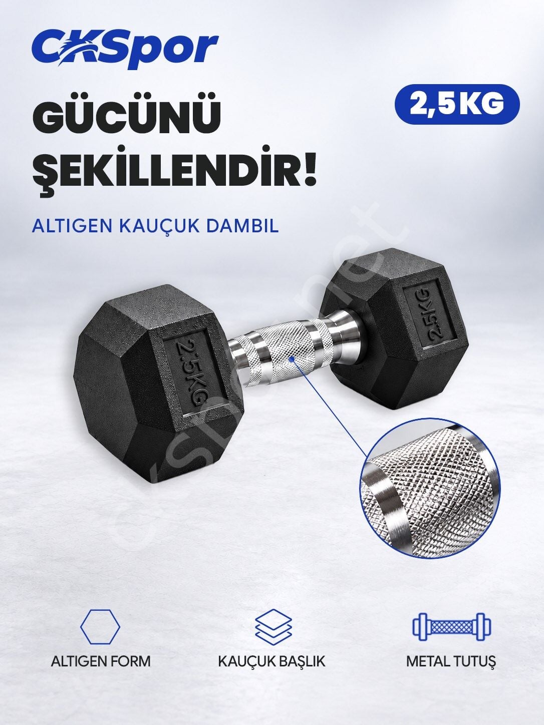 CKSPOR 2,5 Kg Altıgen Kauçuk Dambıl Hex Dumbbell Fitness Kuvvet Antrenmanı Ağırlığı