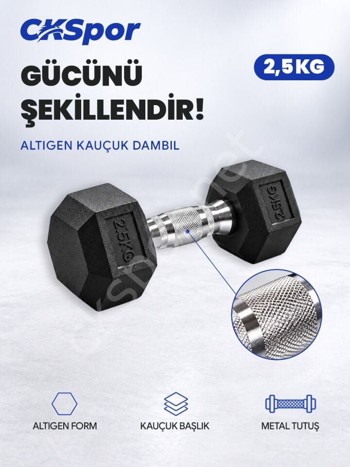 CKSPOR 2,5 Kg Altıgen Kauçuk Dambıl Hex Dumbbell Fitness Kuvvet Antrenmanı Ağırlığı