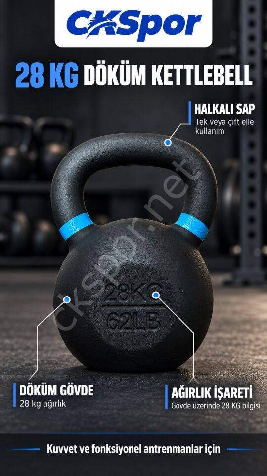 CKSPOR 28 kg Döküm Kettlebell Çaydanlık Dambıl – Fitness ve Fonksiyonel Antrenman Ağırlığı