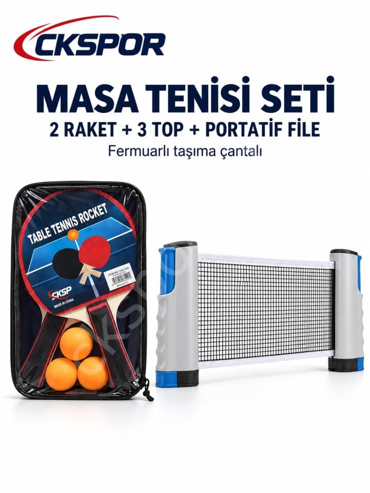CKSPOR Çantalı Masa Tenisi Seti 2 Raket 3 Top Ayarlanabiilri Masa Tenisi Filesi