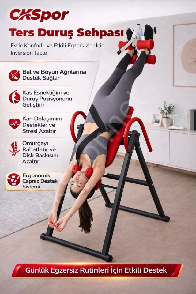 CKSPOR Ters Duruş Sehpası İnversion Table 150 Kg Evde Spor Bel Sırt Esnetme Aleti Kırmızı