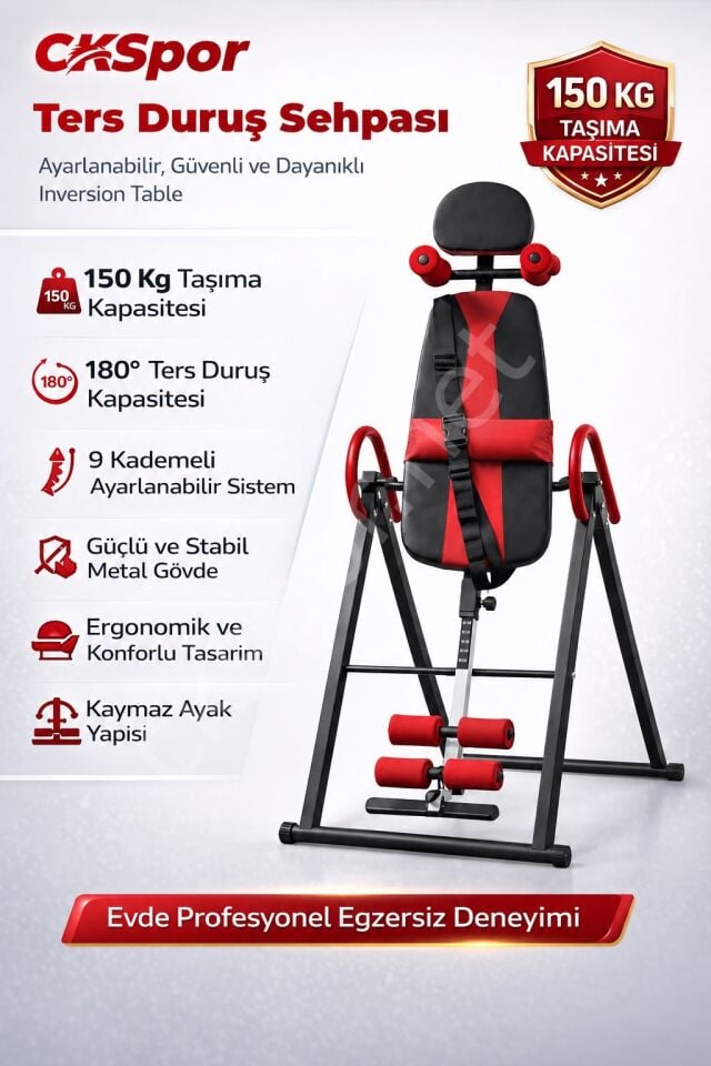 CKSPOR Ters Duruş Sehpası İnversion Table 150 Kg Evde Spor Bel Sırt Esnetme Aleti Kırmızı
