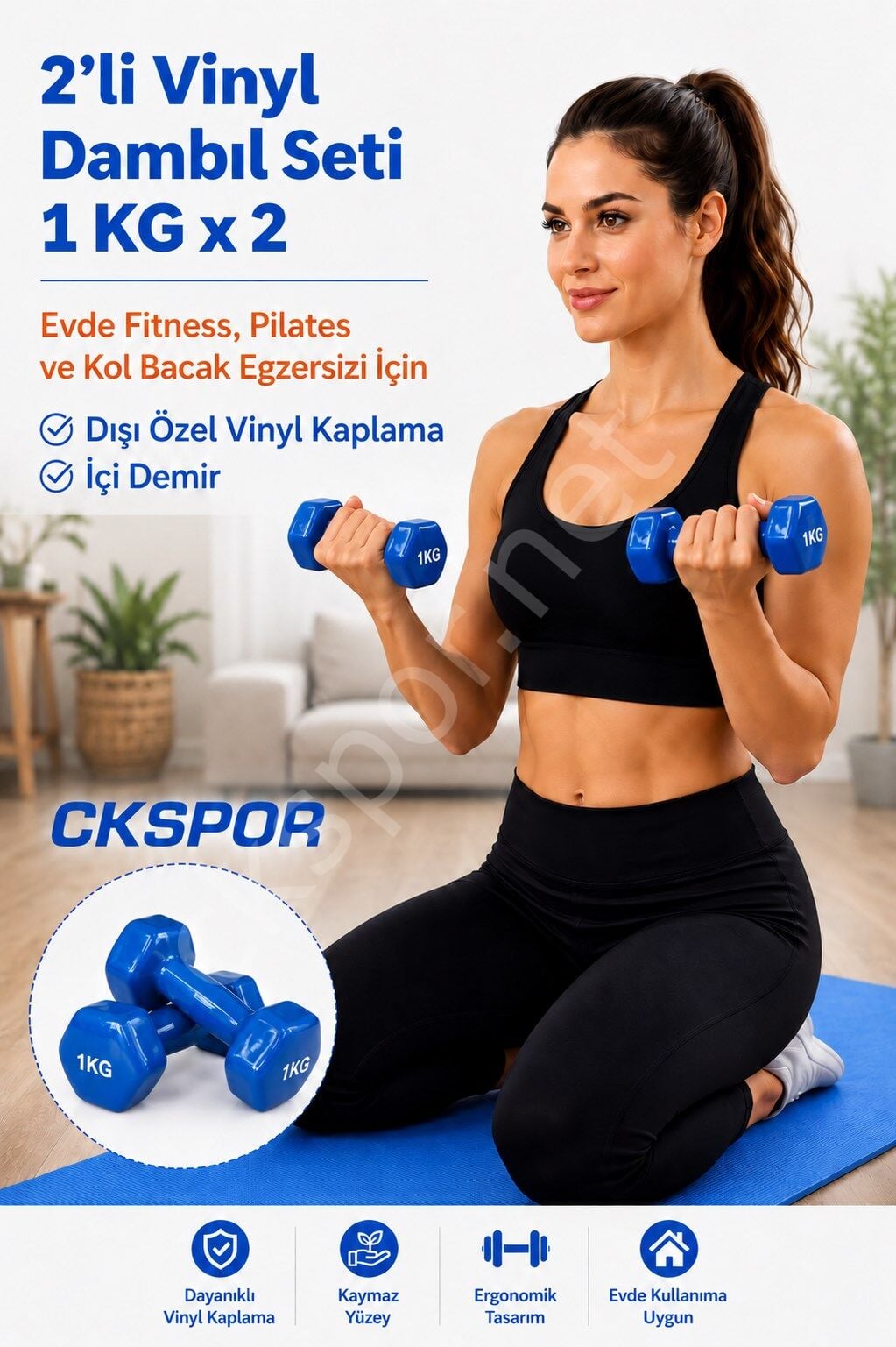2’li Vinyl Dambıl Seti 1 Kg x 2 – Evde Fitness & Pilates İçin Vinil Kaplı Demir Dambıl