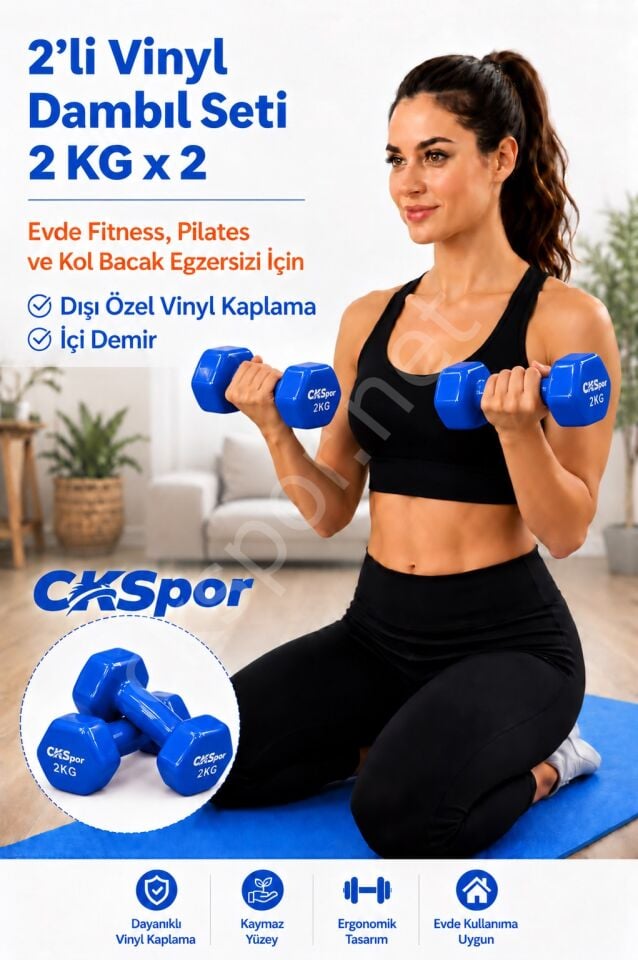 CKSPOR 2’li Vinyl Dambıl Seti 2 Kg x 2 – Evde Fitness & Pilates İçin Vinil Kaplı Demir Dambıl