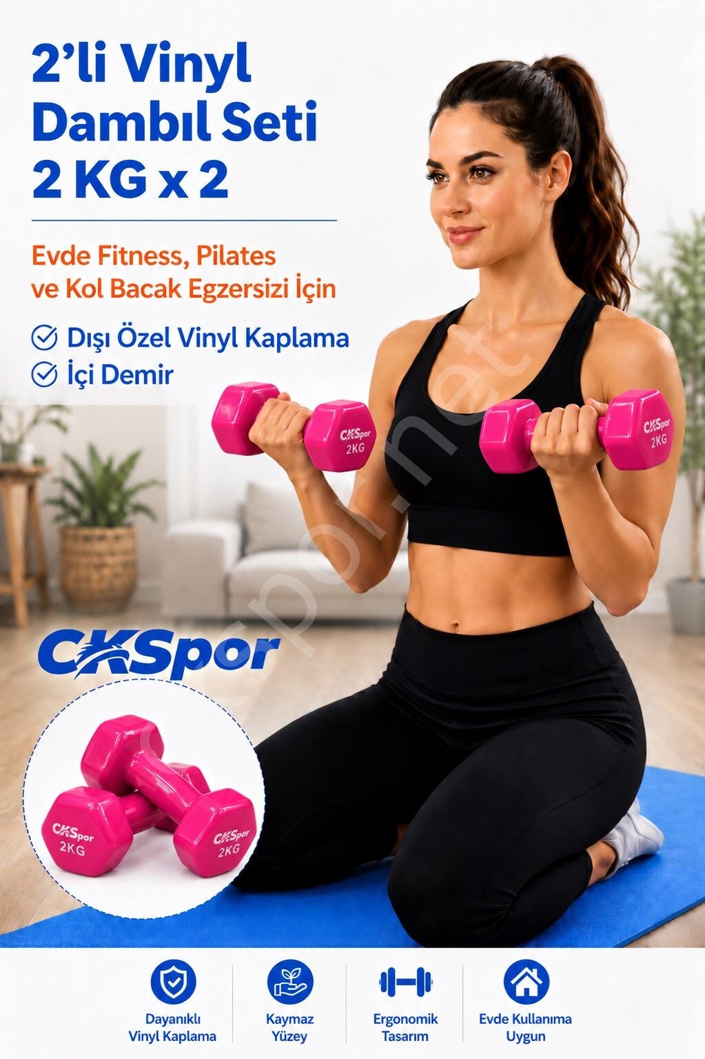 CKSPOR 2’li Vinyl Dambıl Seti 2 Kg x 2 – Evde Fitness & Pilates İçin Vinil Kaplı Demir Dambıl