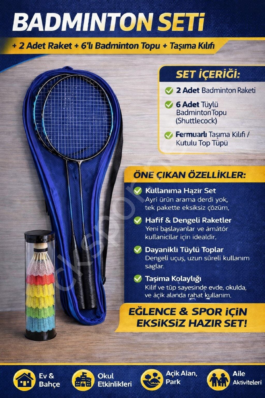 Badminton Seti Taşıma Çantalı 2 Adet Raket + 6’lı Kutulu Badminton Topu