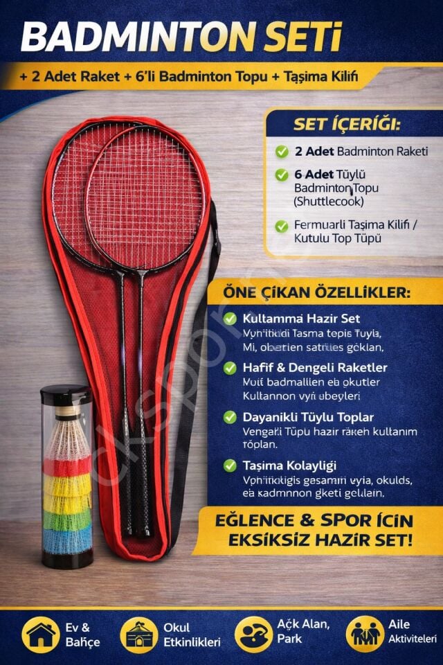 Badminton Seti Taşıma Çantalı 2 Adet Raket + 6’lı Kutulu Badminton Topu