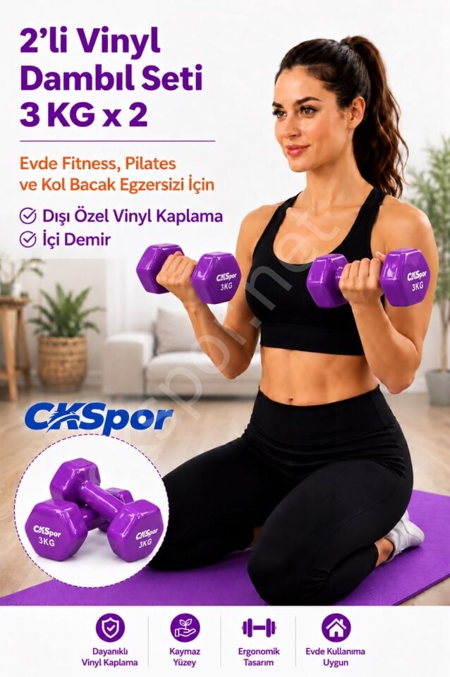 CKSPOR 2’li Vinyl Dambıl Seti 3 Kg x 2 – Evde Fitness & Pilates İçin Vinil Kaplı Demir Dambıl