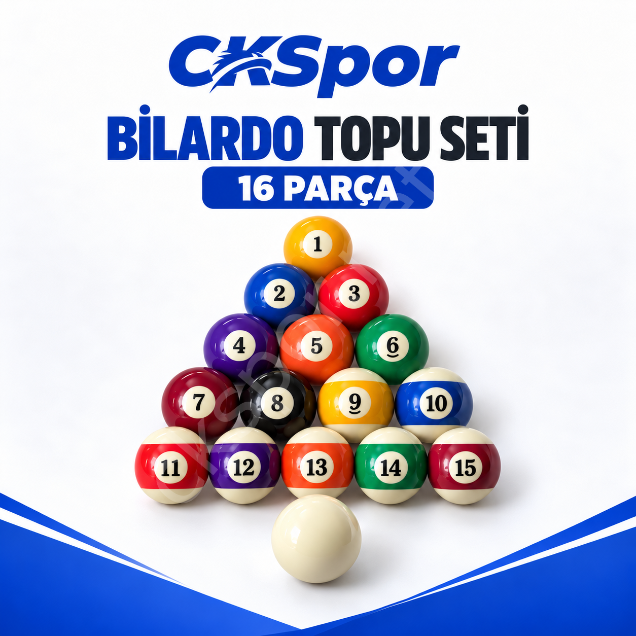 CKSPOR 16 Parça Bilardo Topu Seti 1-15 Numaralı Renkli Toplar ve Beyaz İsteka Topu