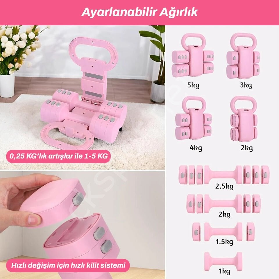 Ayarlanabilir Dambıl ve Kettlebell Seti 5,5 Kg Pembe
