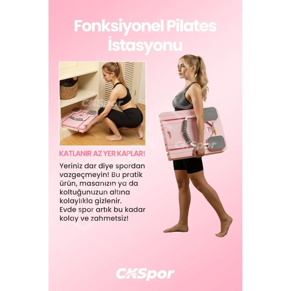 Pilates Tahtası Seti Reformer Etkili Çok Amaçlı Direnç Lastikli Diz Minderli Ev Tipi Pilates Aleti Pembe